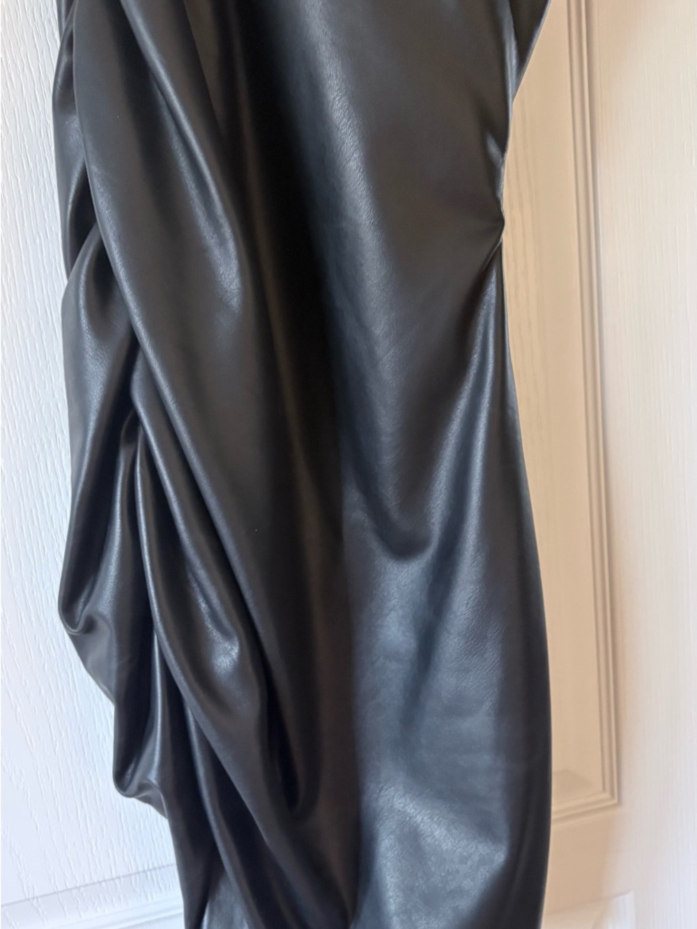 Black Asymmetrical Faux Leather Draped Dress